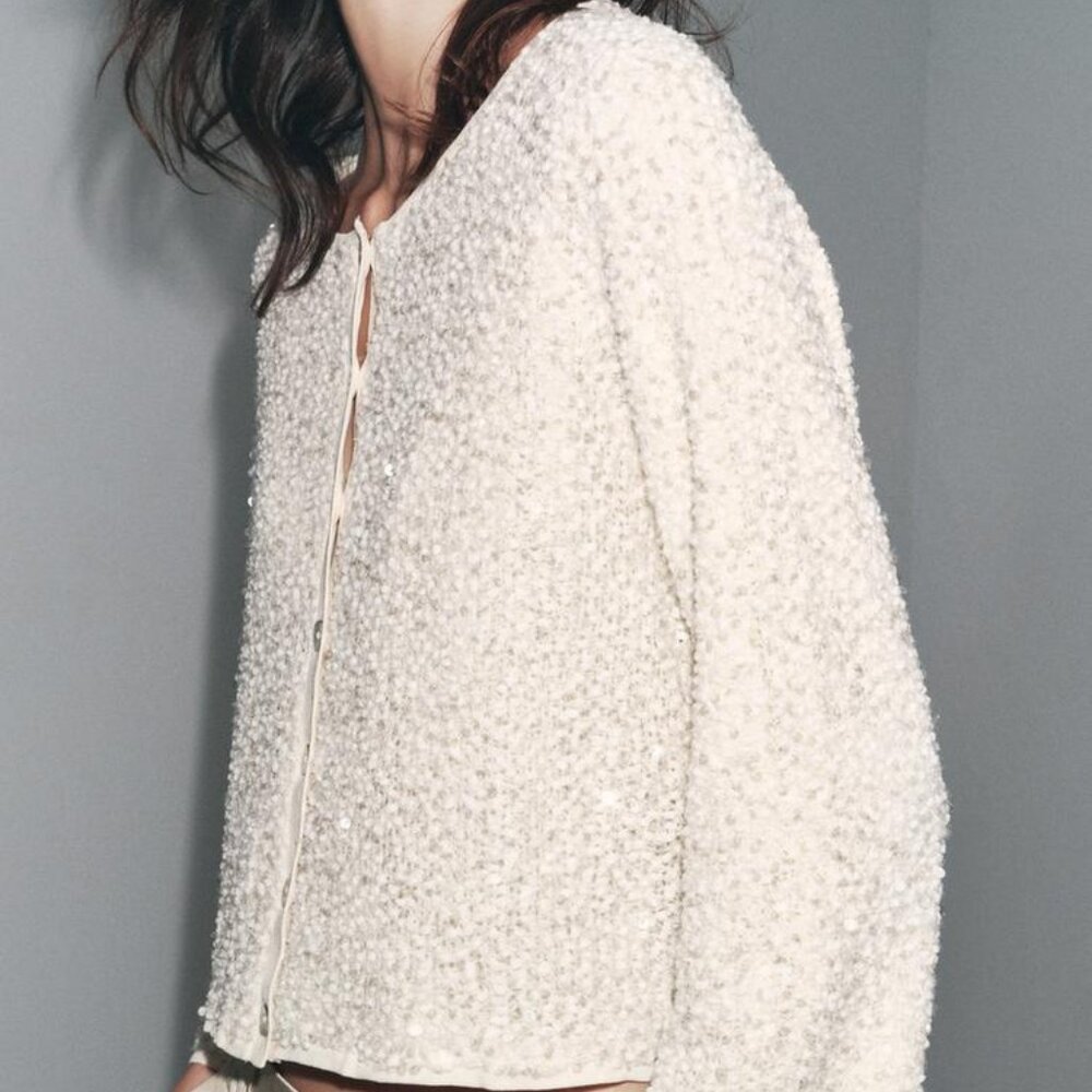 ZARA SEQUIN KNIT CARDIGAN BOAT NECK BUTTON FRONT NWT SIZE L - Picture 2 of 10